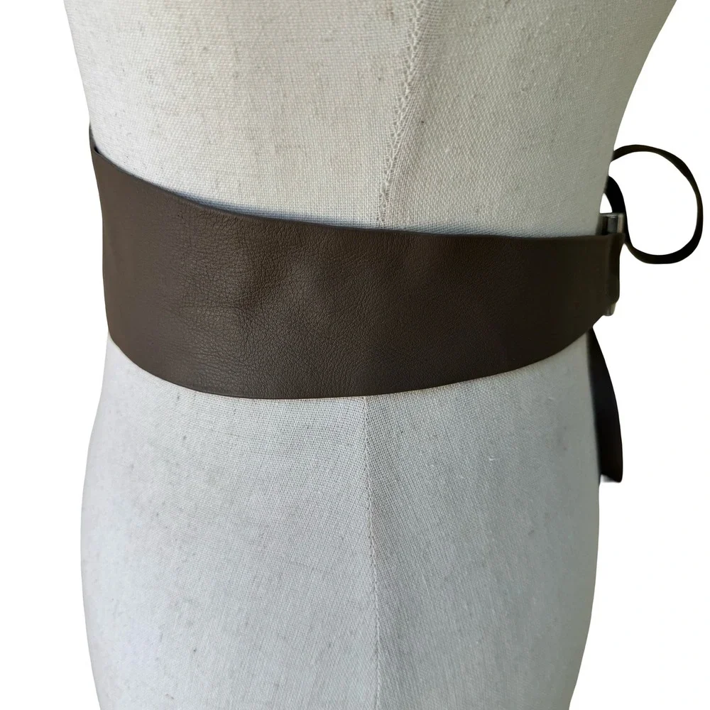 Zara Minimalist Boho Brown 100% Leather Tie Waist Obi Belt Silver Hardware NEW